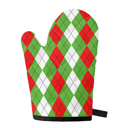 Red Green And White Argyle Pattern Print Single Oven Mitt