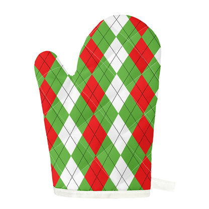 Red Green And White Argyle Pattern Print Single Oven Mitt