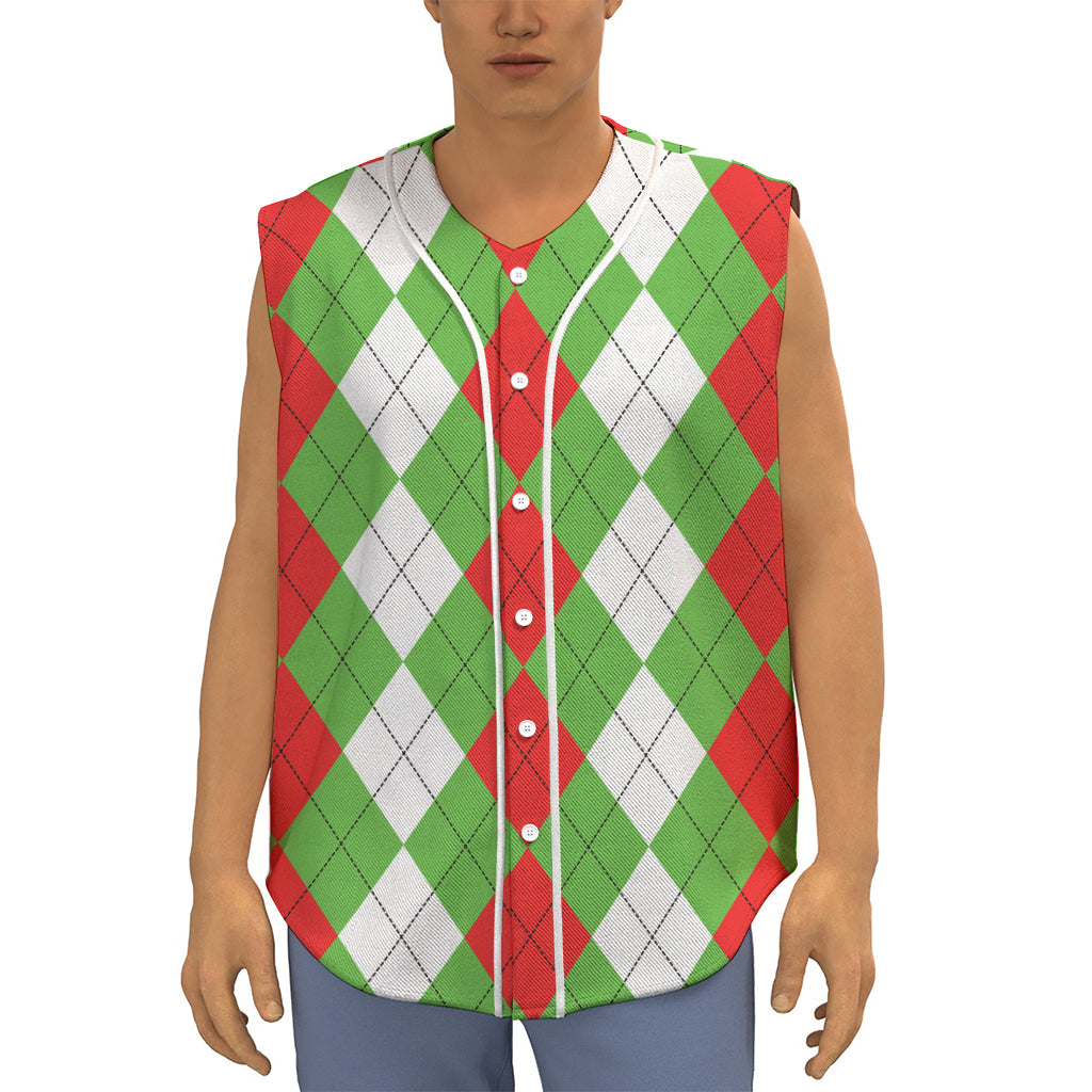 Red Green And White Argyle Pattern Print Sleeveless Baseball Jersey