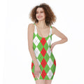 Red Green And White Argyle Pattern Print Sleeveless Bodycon Dress