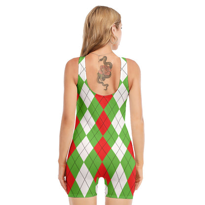 Red Green And White Argyle Pattern Print Sleeveless One Piece Swimsuit