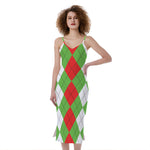 Red Green And White Argyle Pattern Print Slim Fit Midi Cami Dress