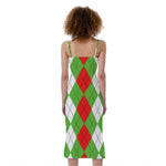 Red Green And White Argyle Pattern Print Slim Fit Midi Cami Dress