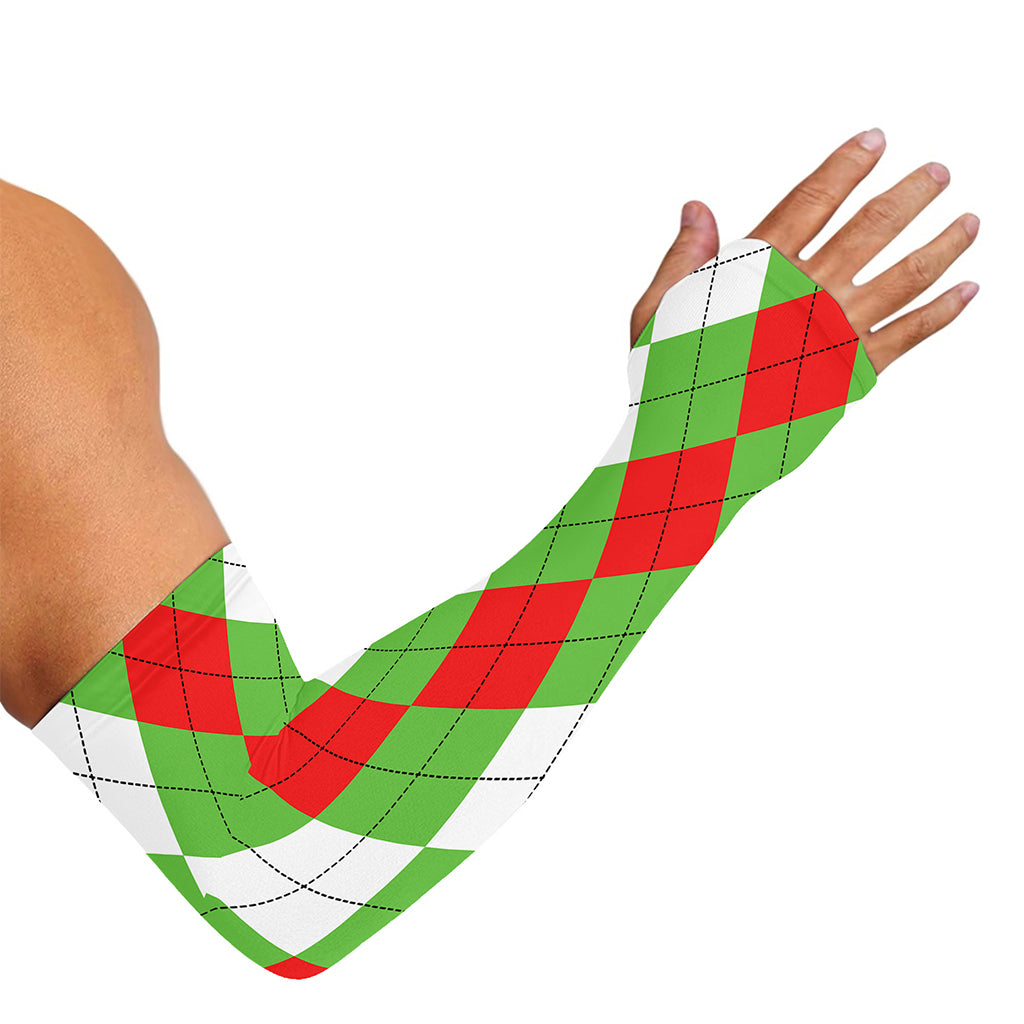 Red Green And White Argyle Pattern Print Sun Protection Arm Sleeves