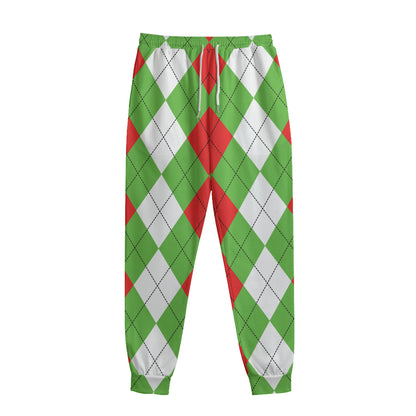 Red Green And White Argyle Pattern Print Sweatpants