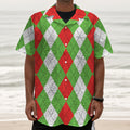 Red Green And White Argyle Pattern Print Textured Short Sleeve Shirt