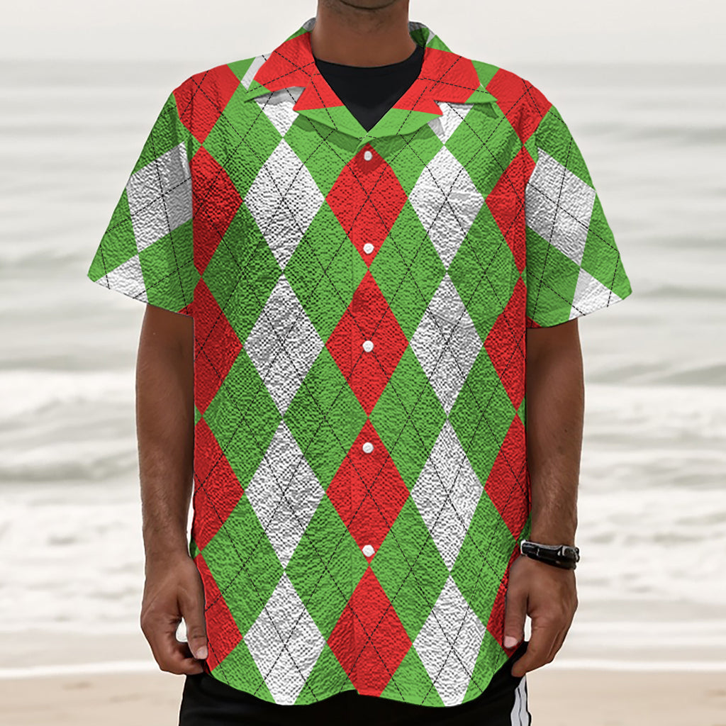 Red Green And White Argyle Pattern Print Textured Short Sleeve Shirt