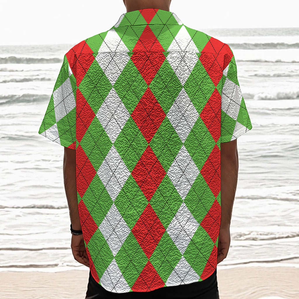 Red Green And White Argyle Pattern Print Textured Short Sleeve Shirt