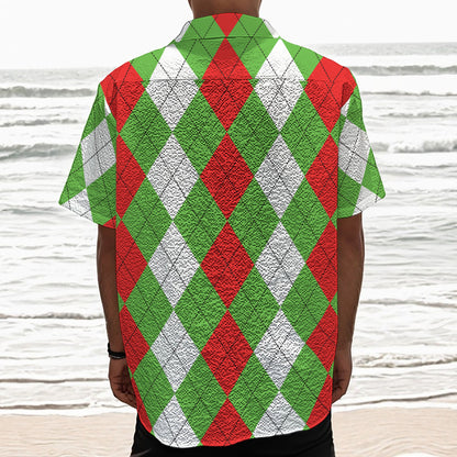 Red Green And White Argyle Pattern Print Textured Short Sleeve Shirt