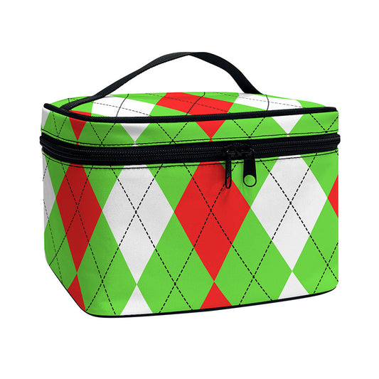 Red Green And White Argyle Pattern Print Travel Makeup Bag