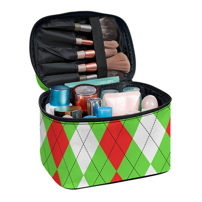 Red Green And White Argyle Pattern Print Travel Makeup Bag