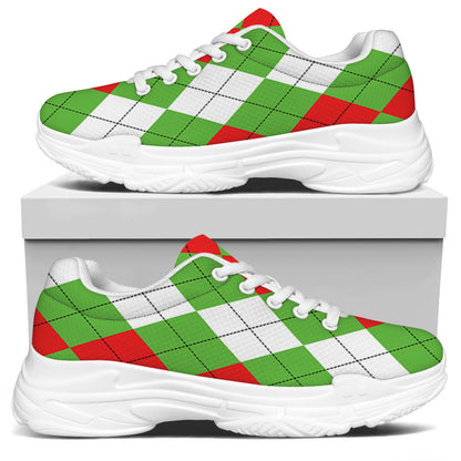Red Green And White Argyle Pattern Print White Chunky Shoes