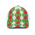 Red Green And White Argyle Pattern Print White Mesh Trucker Hat
