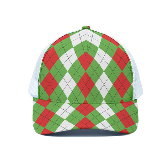 Red Green And White Argyle Pattern Print White Mesh Trucker Cap