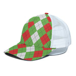 Red Green And White Argyle Pattern Print White Mesh Trucker Cap