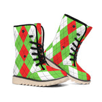 Red Green And White Argyle Pattern Print Winter Boots