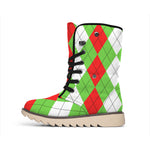 Red Green And White Argyle Pattern Print Winter Boots