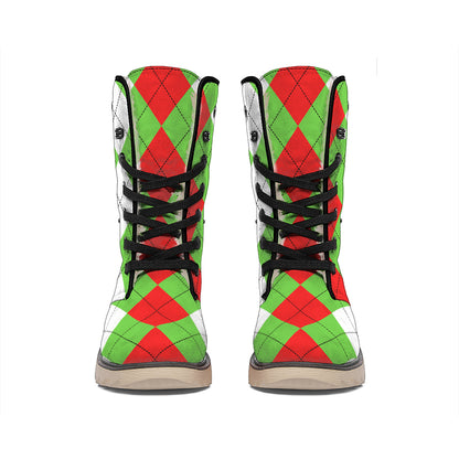 Red Green And White Argyle Pattern Print Winter Boots