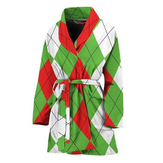 Red Green And White Argyle Pattern Print Women's Bathrobe