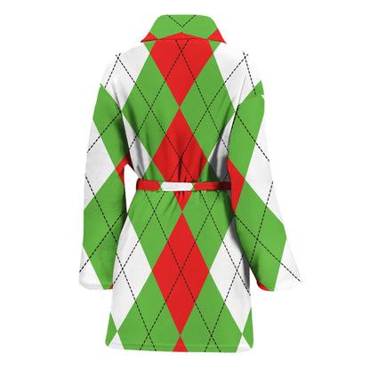 Red Green And White Argyle Pattern Print Women's Bathrobe