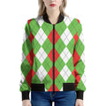 Red Green And White Argyle Pattern Print Women's Bomber Jacket