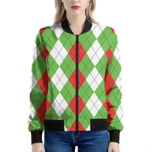 Red Green And White Argyle Pattern Print Women's Bomber Jacket