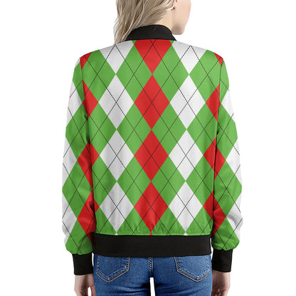Red Green And White Argyle Pattern Print Women's Bomber Jacket