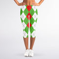 Red Green And White Argyle Pattern Print Women's Capri Leggings