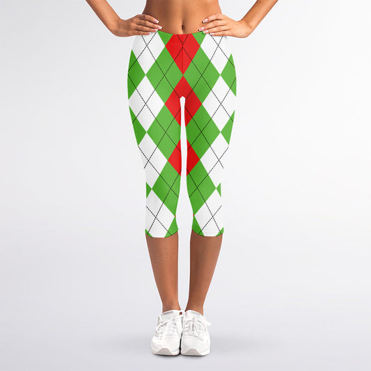 Red Green And White Argyle Pattern Print Women's Capri Leggings