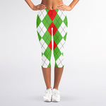 Red Green And White Argyle Pattern Print Women's Capri Leggings