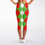 Red Green And White Argyle Pattern Print Women's Capri Leggings