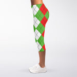 Red Green And White Argyle Pattern Print Women's Capri Leggings