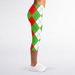 Red Green And White Argyle Pattern Print Women's Capri Leggings