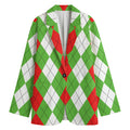 Red Green And White Argyle Pattern Print Women's Cotton Blazer