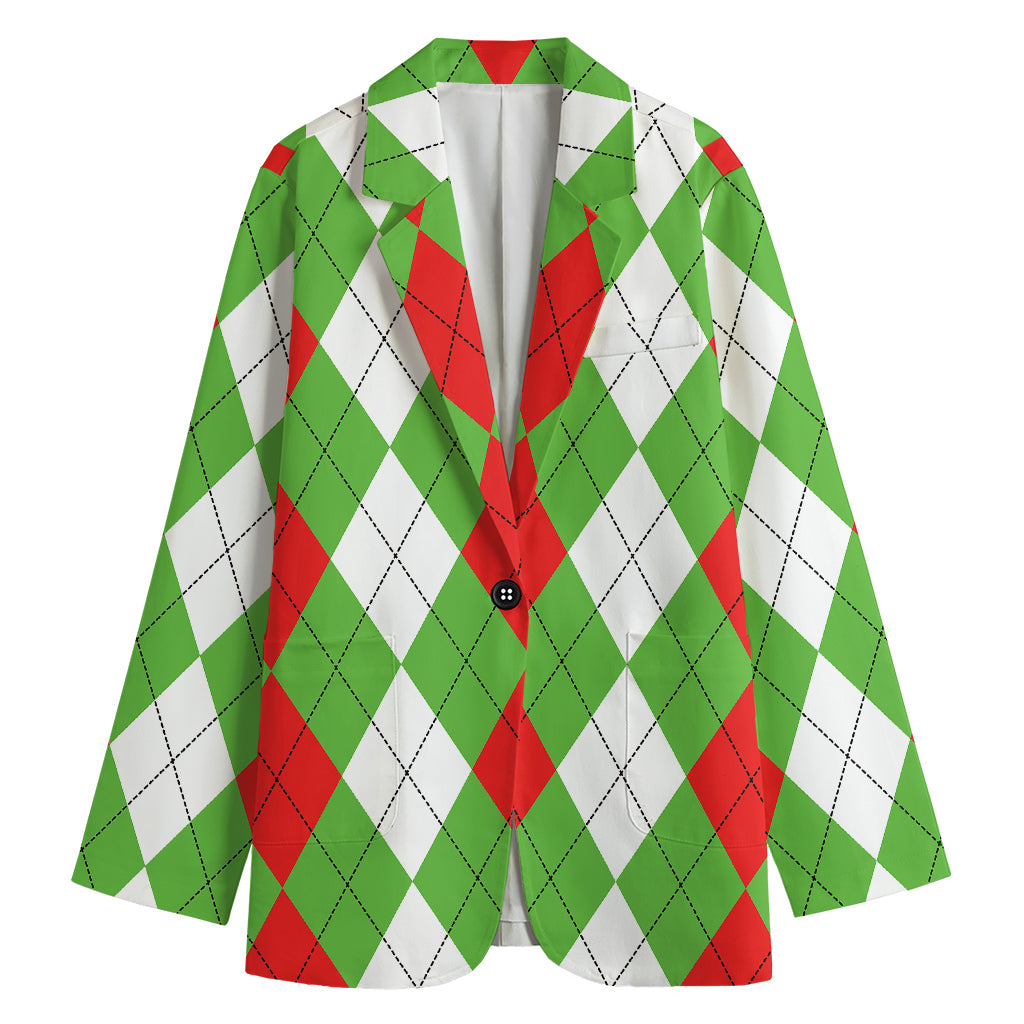 Red Green And White Argyle Pattern Print Women's Cotton Blazer