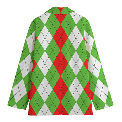 Red Green And White Argyle Pattern Print Women's Cotton Blazer