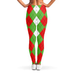 Red Green And White Argyle Pattern Print Women's Leggings