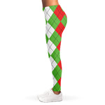 Red Green And White Argyle Pattern Print Women's Leggings