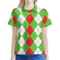 Red Green And White Argyle Pattern Print Women's Polo Shirt