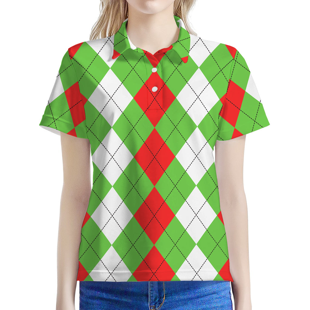 Red Green And White Argyle Pattern Print Women's Polo Shirt