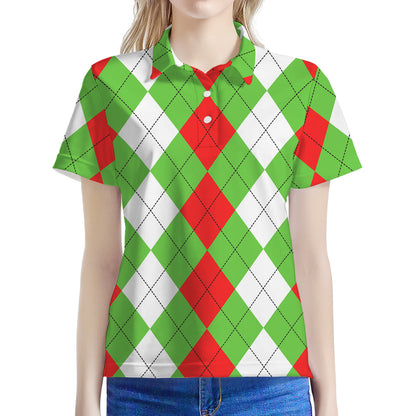 Red Green And White Argyle Pattern Print Women's Polo Shirt