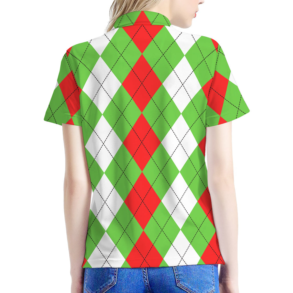 Red Green And White Argyle Pattern Print Women's Polo Shirt
