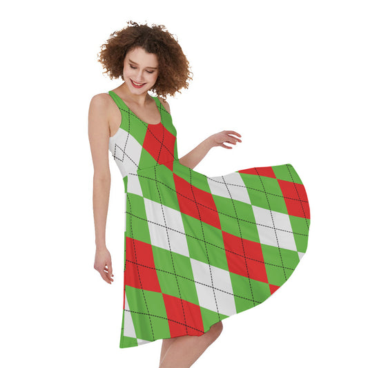 Red Green And White Argyle Pattern Print Women's Sleeveless Dress