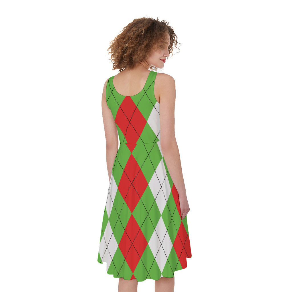 Red Green And White Argyle Pattern Print Women's Sleeveless Dress