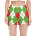 Red Green And White Argyle Pattern Print Women's Split Running Shorts