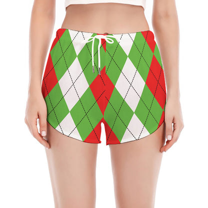 Red Green And White Argyle Pattern Print Women's Split Running Shorts