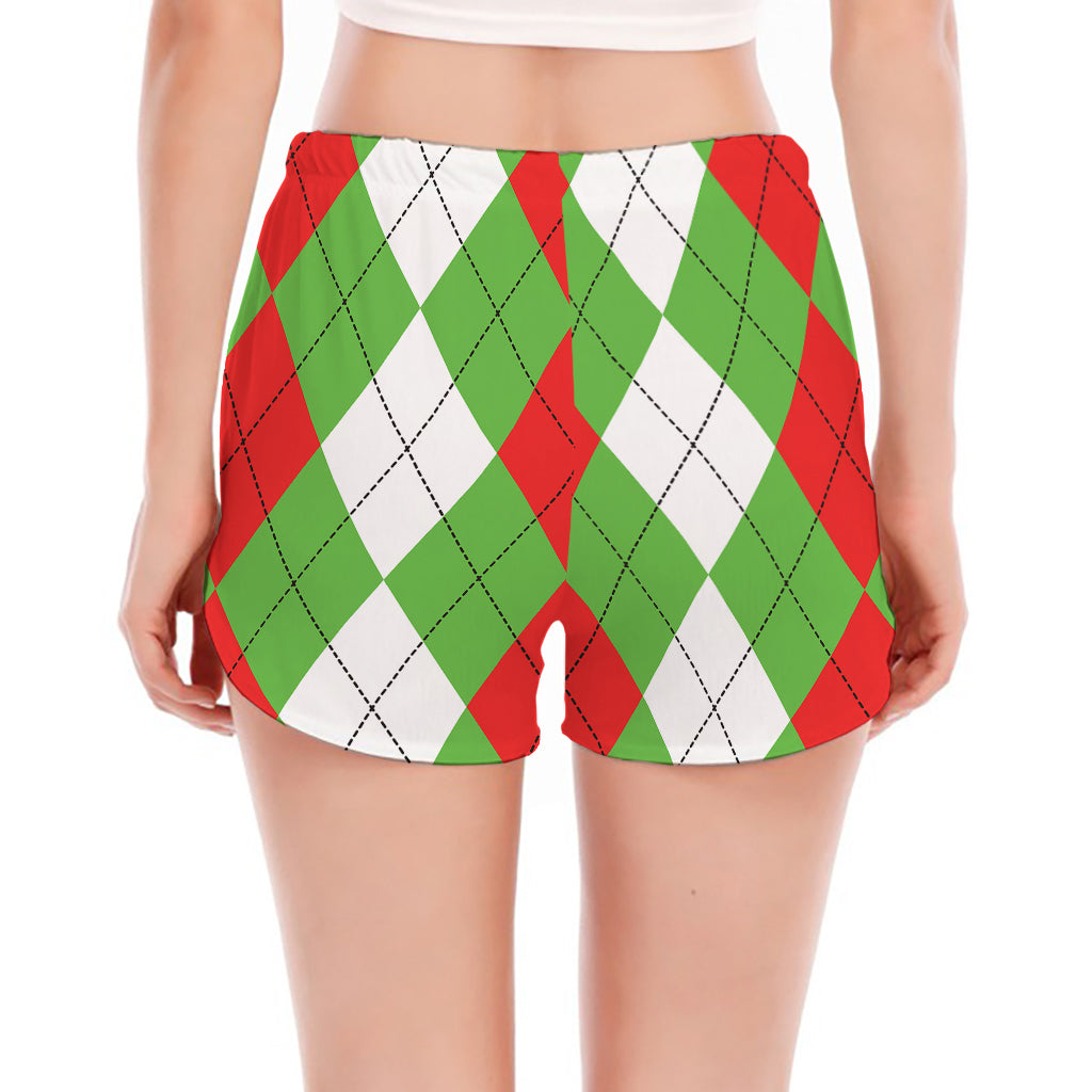 Red Green And White Argyle Pattern Print Women's Split Running Shorts