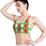 Red Green And White Argyle Pattern Print Women's Sports Bra