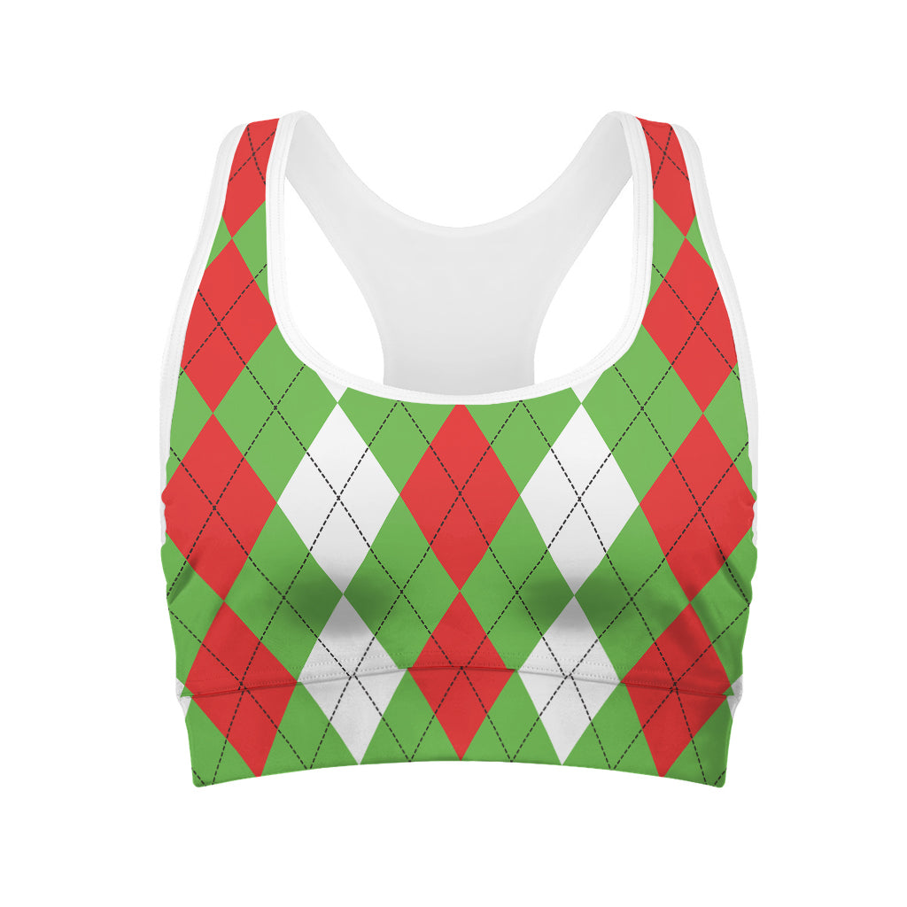Red Green And White Argyle Pattern Print Women's Sports Bra