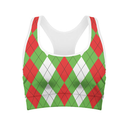Red Green And White Argyle Pattern Print Women's Sports Bra